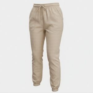 Nine West Tie Waist Jogger Pants Large Beige Plaid Comfort Stretch Elastic Waist